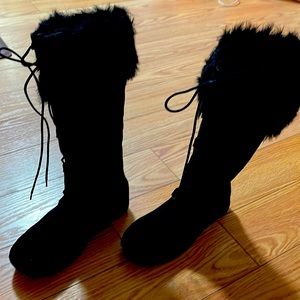 Qupid Brand Black suede high top Boots with rubber soles. Size 6 1/2. 14” high